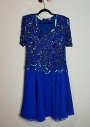 Vintage Laurence Kazar blue silk beaded dress