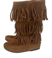 Minnetonka Brown Suede 3-Layer Fringe Moccasin Boots Never Worn Women's sz 7