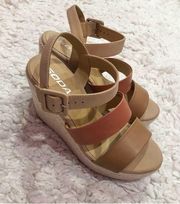 Soda Strappy Buckle Wedge Espadrille Sandals Brown Tan 6