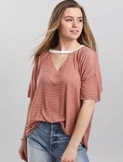 BKE Striped Cut-Out Drop Shoulder T-Shirt Small