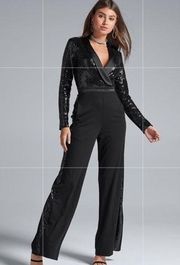 Venus Long Sleeve Sequin Jumpsuit Black Size 4 New