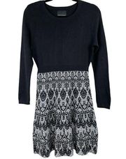 Cynthia Rowley Black Lace Print Long Sleeve Sweater Dress Size Medium