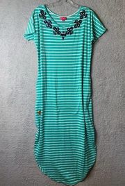 Simply Southern Maxi Dress Women Size M Medium Gren White Stripped with Sequins