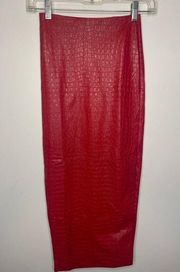 Naked Wardrobe Women's Size XS Crocodile Midi Skirt Red Vegan Leather Slit NWT