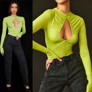 House of CB London Estrelle Lime Green Cut Out Long Sleeve Bodysuit top size S