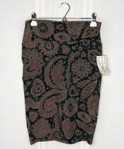 Lularoe Geometric Cassie Paisley Pencil Skirt Small Green Gold Midi Office