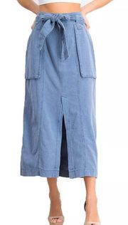 NEW Size 2  Catching  Feelings Chambray Denim Blue Tie Midi Skirt  BNWTS