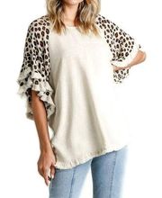 Linen Blend Top LARGE White Leopard Print Fringe Oversized Crewneck Animal