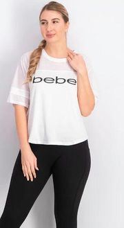 Bebe Sport Crop Top Relaxed Fit Black Shirt Spellout Logo Mesh Panel Size Medium