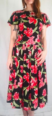 80’s Vintage ‘’ Black Red Iris Print Silk Drop Waist Midi Tea Dress