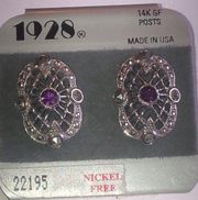 1928 Brand Silver Tone Purple CZ Rhinestone & Marcasite 14K GF Post Earrings