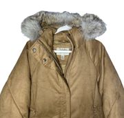 Cabela's Long Goose Down Stadium Coat Tan Jacket Coyote Fur Trimmed Hood Medium