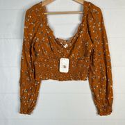 Elodie Ginger Floral Print Long Sleeve Smocked Crop Boho Top Size L