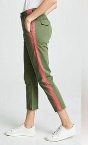 MOTHER Denim Shaker Prep Fray Chino Cropped Pants Red Side Stripes Army Green 25