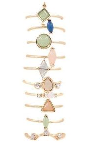 Gold Stone Rings 10 Piece Set Glass Jewelry NWT Peach Green Boho Dainty Summer