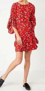 Rahimi Mini Dress Wrap Ruffled Bell Sleeves Red Floral size large