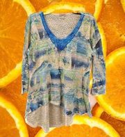 One World Live and Let Live Blue/Yellow/Green VNeck Sweater‎