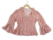 Pink Lilly Women's Small Bell Sleeve Blouse Floral Ruffles Flowy V-Neck