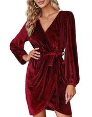 MEROKEETY Wrap Velvet Mini Dress V Neck Cocktail Party S