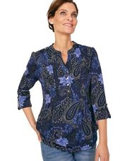 NEW Roz & Ali Blue Boho Floral & Paisley 3/4 Sleeve Popover Top Size XL