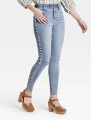 Knox Rose Target Mid-Rise Boho Colorful Embroidered Side Stripe Skinny Jeans 14