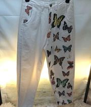 Contrast Butterfly Print Tapered Fit White Denim Jeans