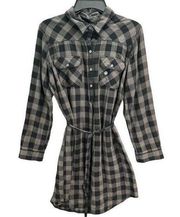 Eddie Bauer Womens Flannel Shirt Dress 12 Black Gray Buffalo Plaid Long Sleeves