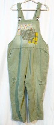 X Anthropologie Washed Cotton Cropped Bib Overalls Patchwork Boho Green