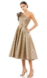 Mac Duggal Bronze Metallic One Shoulder‎ Bow Midi Dress-NWT