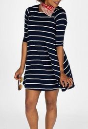 NEW  Navy White Striped 3/4 Sleeve A-Line Swing Tunic Dress Small