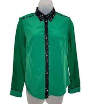 Vintage Y2K Size XS Green Polyester Button Front Blouse Top Secretary Shirt