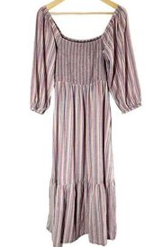 Marine Layer Ivy Smocked Midi Dress Brick Dust Stripe Size Medium Linen Blend