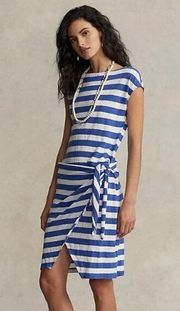 NWT Polo Ralph Lauren striped wrap-detail jersey dress Liberty Blue White Linen