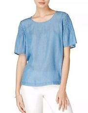 Maison Jules Womens Blue Chambray Pleated Top