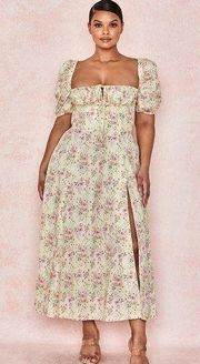 House Of CB Tallulah Lemon Floral Print Puff Sleeve Midi Sundresss NWT L