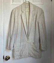 Vintage  linen blend oversized boyfriend blazer plaid cream office