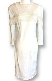 Vintage Dress Midi Length Off White Fringe Long Sleeve Round Neck Button Detail