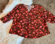 Sonoma Brown & Coral Floral LS Corduroy Peasant Top with Notch Neck