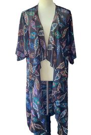 LULAROE Shirley Sheer Kimono Multicolor Feather Angel Sleeves size Medium