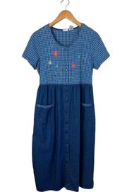 Vintage Bobbie  Cottagecore Granny Denim Gingham Dress Embroidered Floral