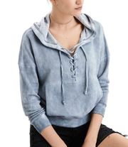 American Eagle Light Baby Blue Washed Lace Up Boxy Fit Hoodie Sweatshirt Small S