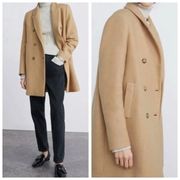 Zara Camel Colored Double Breasted Buttoned Coat