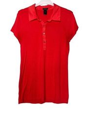 Ann Taylor Size Medium Polo Shirt Jersey Knit Satin Collar Tomato Red