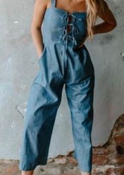 Kittenish Denim Chambray Tie Front Wide Leg One Piece Jumpsuit Medium