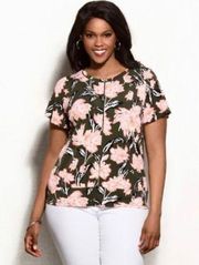 army green and coral floral top size medium