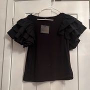 NWT Marc New York Andrew Marc Black Top With Ruffle Short Sleeve