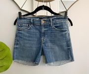 Dark Wash Mid Rise Denim Raw Hem Shorts