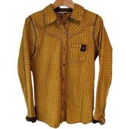 BKE Shirt Women’s Size XS Yellow Brown Plaid Button Up Long Sleeve Embroidered