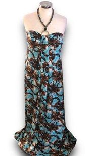 Y2K Roz&Ali Beaded Halter Maxi Dress Blue Brown Print Boho Flowy size:12