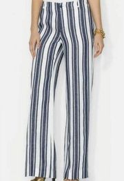 LAUREN RALPH LAUREN WIDE LEG BLUE NAVY OFF WHITE STRIPE LINEN CLASSIC PANTS